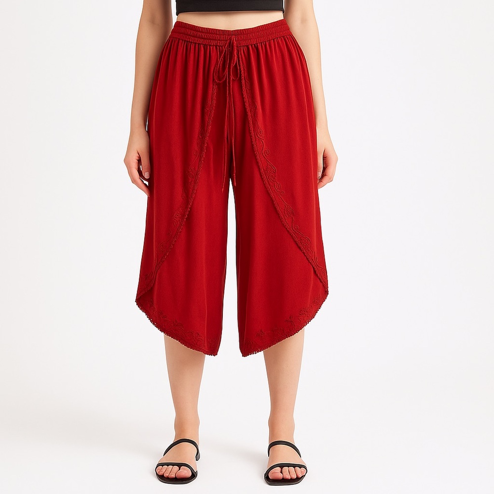🌺 Boho Festival Red Embroidered Wrap Pants Free Size India Viscose